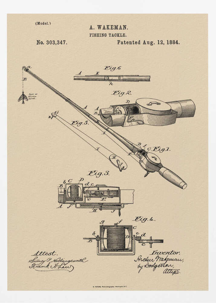A framed vintage patent illustration for 'Fishing Tackle' by A. Wakeman, dated August 12, 1884. The artwork, in black ink on beige parchment-style paper, features detailed technical drawings of a fishing rod and reel from various angles. Print