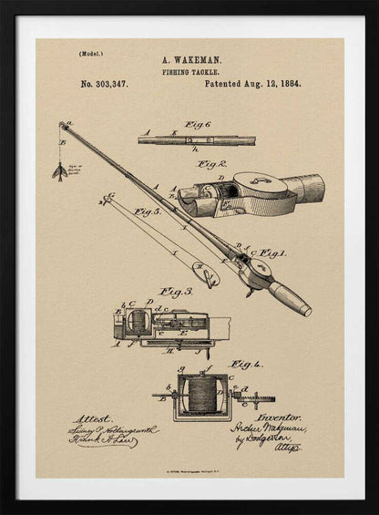 A framed vintage patent illustration for 'Fishing Tackle' by A. Wakeman, dated August 12, 1884. The artwork, in black ink on beige parchment-style paper, features detailed technical drawings of a fishing rod and reel from various angles. Print