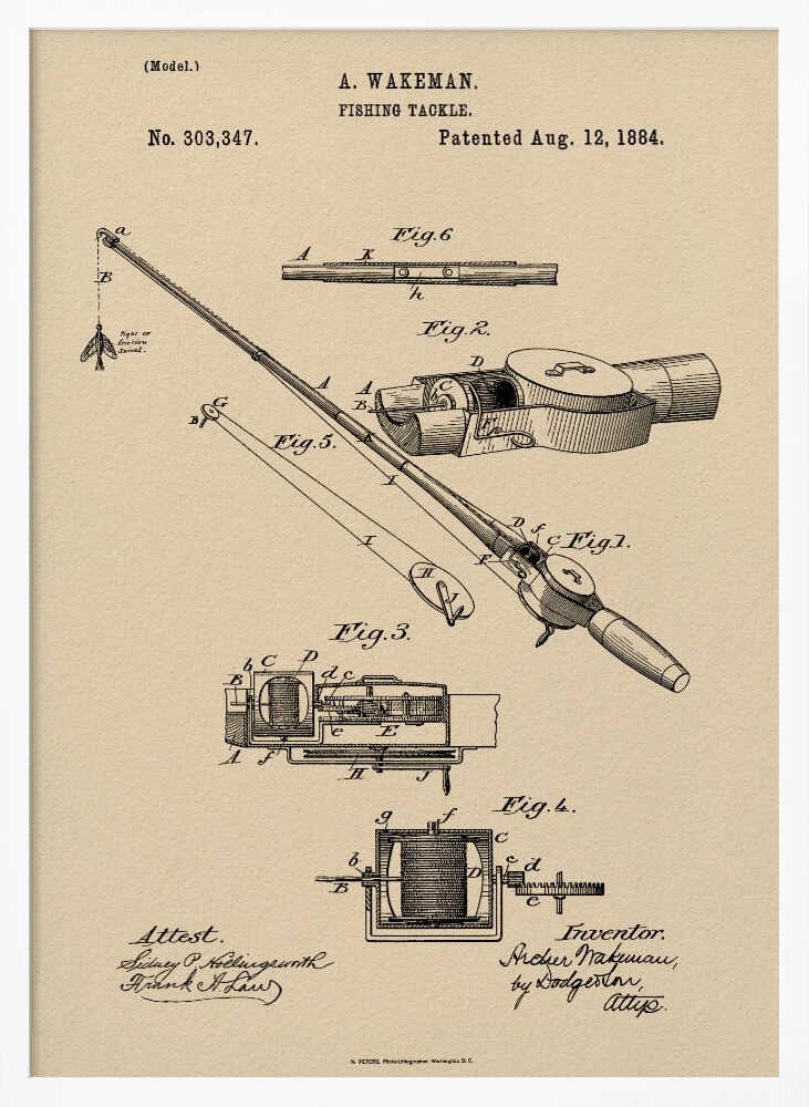 A framed vintage patent illustration for 'Fishing Tackle' by A. Wakeman, dated August 12, 1884. The artwork, in black ink on beige parchment-style paper, features detailed technical drawings of a fishing rod and reel from various angles. Print
