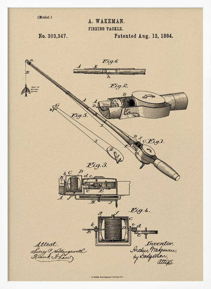 A framed vintage patent illustration for 'Fishing Tackle' by A. Wakeman, dated August 12, 1884. The artwork, in black ink on beige parchment-style paper, features detailed technical drawings of a fishing rod and reel from various angles. Print