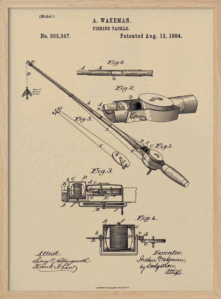 A framed vintage patent illustration for 'Fishing Tackle' by A. Wakeman, dated August 12, 1884. The artwork, in black ink on beige parchment-style paper, features detailed technical drawings of a fishing rod and reel from various angles. Print