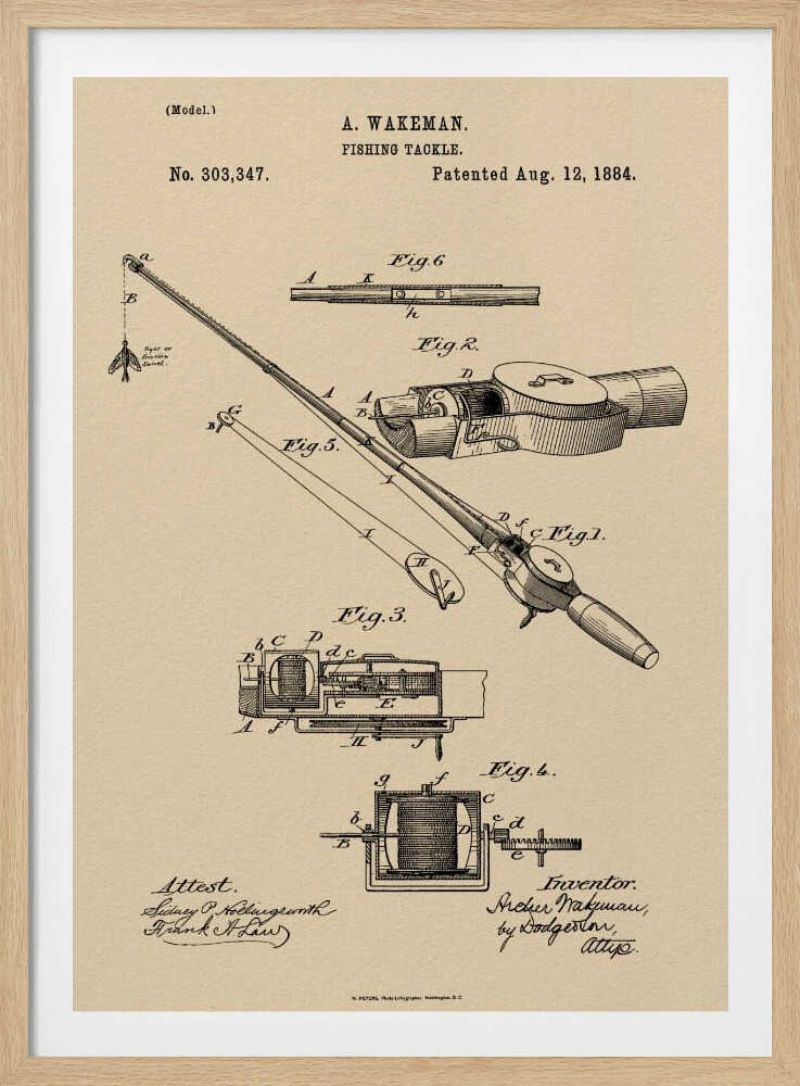 A framed vintage patent illustration for 'Fishing Tackle' by A. Wakeman, dated August 12, 1884. The artwork, in black ink on beige parchment-style paper, features detailed technical drawings of a fishing rod and reel from various angles. Print