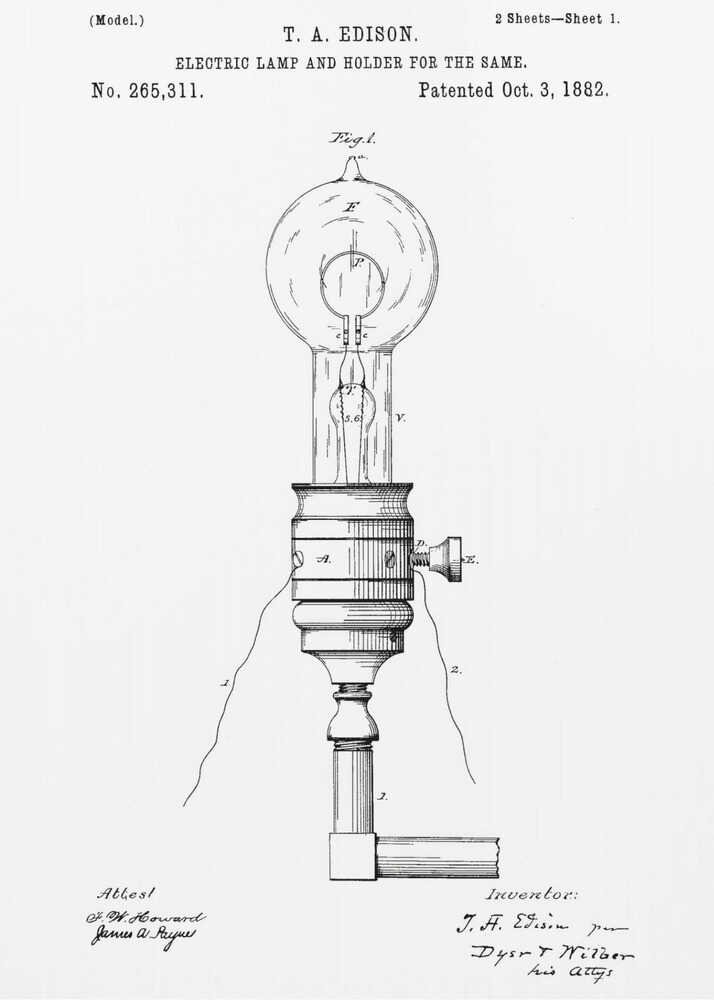 A framed black and white patent illustration for T. A. Edison's electric lamp and holder, dated October 3, 1882. The detailed diagram shows an early incandescent light bulb in its socket with wiring. Decor