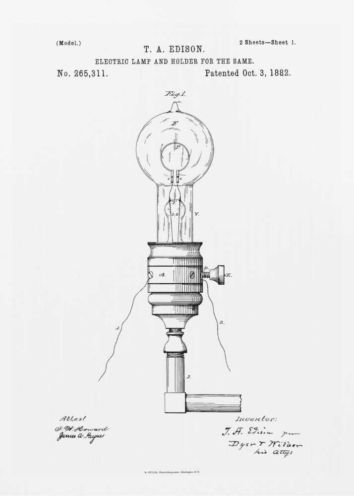 A framed black and white patent illustration for T. A. Edison's electric lamp and holder, dated October 3, 1882. The detailed diagram shows an early incandescent light bulb in its socket with wiring. Decor