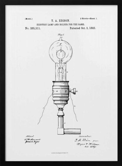 A framed black and white patent illustration for T. A. Edison's electric lamp and holder, dated October 3, 1882. The detailed diagram shows an early incandescent light bulb in its socket with wiring. Decor