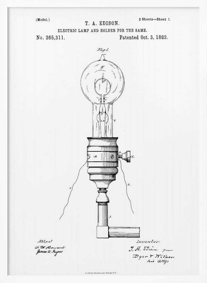 A framed black and white patent illustration for T. A. Edison's electric lamp and holder, dated October 3, 1882. The detailed diagram shows an early incandescent light bulb in its socket with wiring. Decor