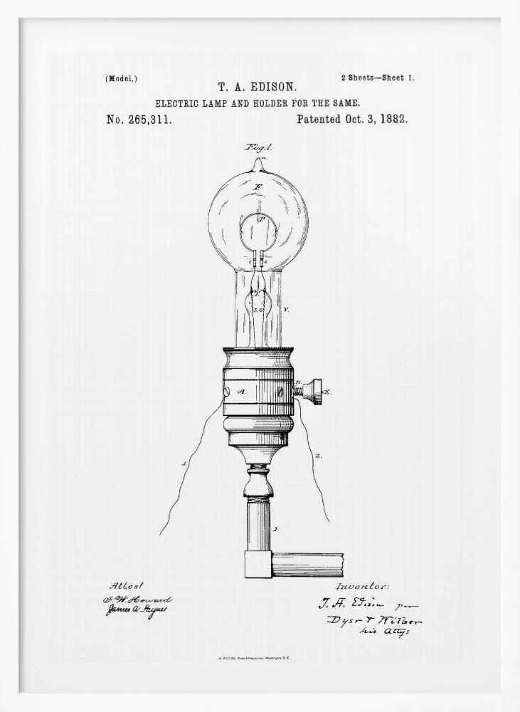 A framed black and white patent illustration for T. A. Edison's electric lamp and holder, dated October 3, 1882. The detailed diagram shows an early incandescent light bulb in its socket with wiring. Decor
