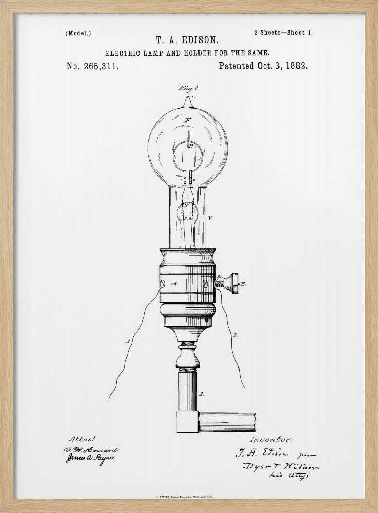 A framed black and white patent illustration for T. A. Edison's electric lamp and holder, dated October 3, 1882. The detailed diagram shows an early incandescent light bulb in its socket with wiring. Decor