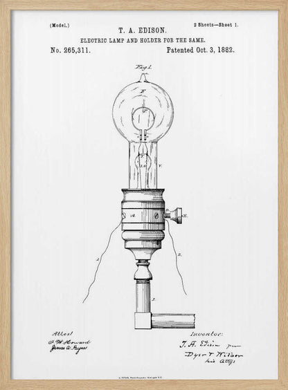 A framed black and white patent illustration for T. A. Edison's electric lamp and holder, dated October 3, 1882. The detailed diagram shows an early incandescent light bulb in its socket with wiring. Decor