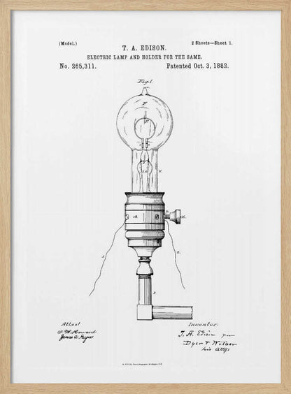 A framed black and white patent illustration for T. A. Edison's electric lamp and holder, dated October 3, 1882. The detailed diagram shows an early incandescent light bulb in its socket with wiring. Decor