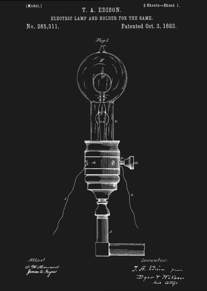 A framed black and white patent illustration for T. A. Edison's electric lamp and holder, dated October 3, 1882. The technical drawing shows a detailed schematic of an early light bulb and its base against a solid black background. Poster