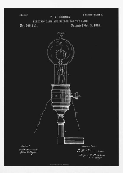 A framed black and white patent illustration for T. A. Edison's electric lamp and holder, dated October 3, 1882. The technical drawing shows a detailed schematic of an early light bulb and its base against a solid black background. Poster