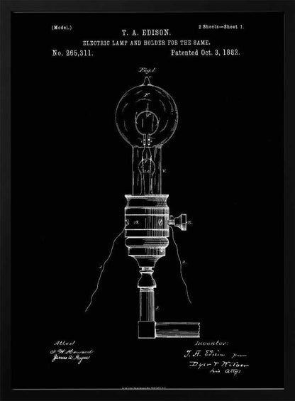 A framed black and white patent illustration for T. A. Edison's electric lamp and holder, dated October 3, 1882. The technical drawing shows a detailed schematic of an early light bulb and its base against a solid black background. Poster