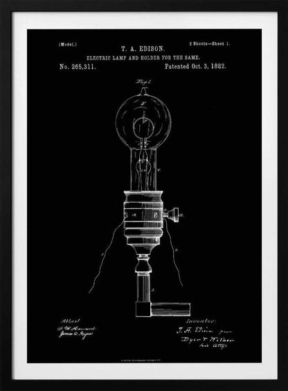 A framed black and white patent illustration for T. A. Edison's electric lamp and holder, dated October 3, 1882. The technical drawing shows a detailed schematic of an early light bulb and its base against a solid black background. Poster