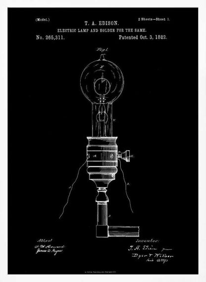 A framed black and white patent illustration for T. A. Edison's electric lamp and holder, dated October 3, 1882. The technical drawing shows a detailed schematic of an early light bulb and its base against a solid black background. Poster