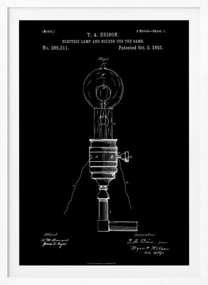 A framed black and white patent illustration for T. A. Edison's electric lamp and holder, dated October 3, 1882. The technical drawing shows a detailed schematic of an early light bulb and its base against a solid black background. Poster