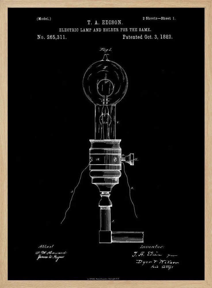 A framed black and white patent illustration for T. A. Edison's electric lamp and holder, dated October 3, 1882. The technical drawing shows a detailed schematic of an early light bulb and its base against a solid black background. Poster
