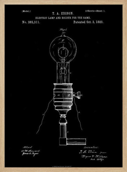 A framed black and white patent illustration for T. A. Edison's electric lamp and holder, dated October 3, 1882. The technical drawing shows a detailed schematic of an early light bulb and its base against a solid black background. Poster