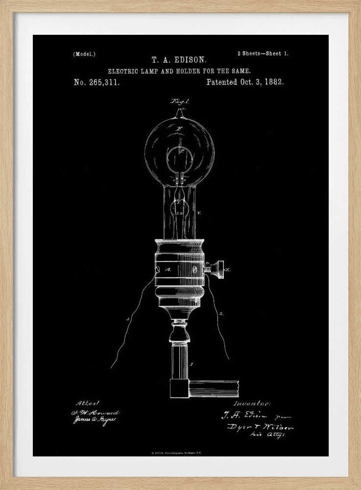 A framed black and white patent illustration for T. A. Edison's electric lamp and holder, dated October 3, 1882. The technical drawing shows a detailed schematic of an early light bulb and its base against a solid black background. Poster