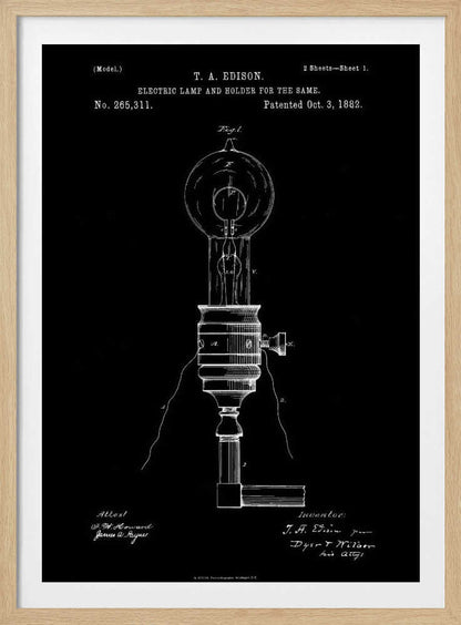 A framed black and white patent illustration for T. A. Edison's electric lamp and holder, dated October 3, 1882. The technical drawing shows a detailed schematic of an early light bulb and its base against a solid black background. Poster