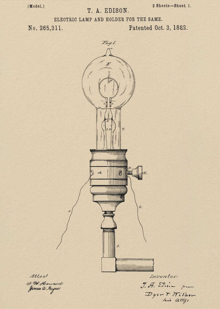 A framed vintage patent illustration for T.A. Edison's Electric Lamp and Holder, dated October 3, 1882. The detailed black line drawing on aged, beige paper shows a light bulb screwed into a holder with wires extending from it. Decor