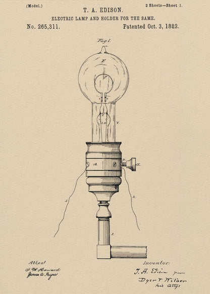 A framed vintage patent illustration for T.A. Edison's Electric Lamp and Holder, dated October 3, 1882. The detailed black line drawing on aged, beige paper shows a light bulb screwed into a holder with wires extending from it. Decor