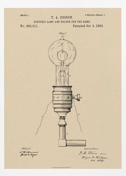 A framed vintage patent illustration for T.A. Edison's Electric Lamp and Holder, dated October 3, 1882. The detailed black line drawing on aged, beige paper shows a light bulb screwed into a holder with wires extending from it. Decor