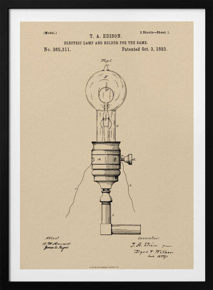 A framed vintage patent illustration for T.A. Edison's Electric Lamp and Holder, dated October 3, 1882. The detailed black line drawing on aged, beige paper shows a light bulb screwed into a holder with wires extending from it. Decor