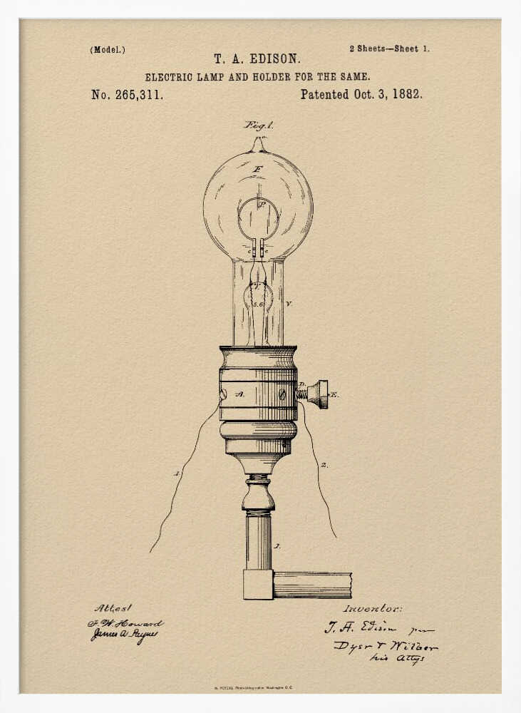 A framed vintage patent illustration for T.A. Edison's Electric Lamp and Holder, dated October 3, 1882. The detailed black line drawing on aged, beige paper shows a light bulb screwed into a holder with wires extending from it. Decor