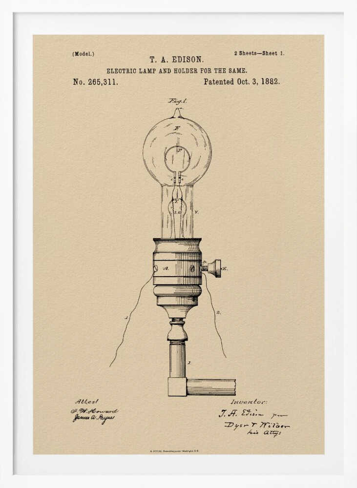 A framed vintage patent illustration for T.A. Edison's Electric Lamp and Holder, dated October 3, 1882. The detailed black line drawing on aged, beige paper shows a light bulb screwed into a holder with wires extending from it. Decor