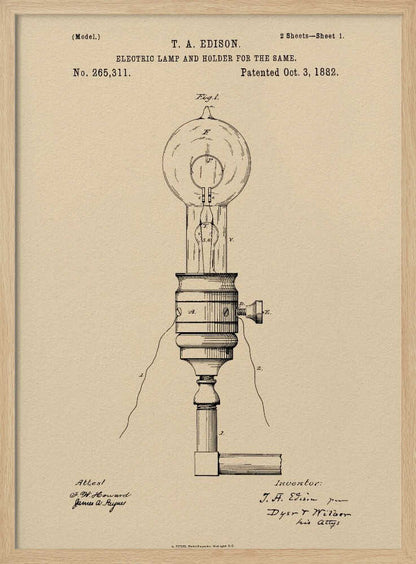 A framed vintage patent illustration for T.A. Edison's Electric Lamp and Holder, dated October 3, 1882. The detailed black line drawing on aged, beige paper shows a light bulb screwed into a holder with wires extending from it. Decor