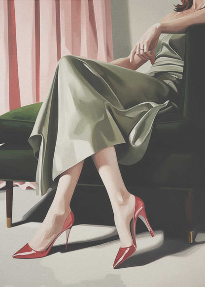 A painting of a woman from the torso down, sitting elegantly in a dark green armchair. She wears a flowing sage green dress and vibrant, glossy red stiletto heels. Behind her, pink curtains add a soft backdrop to the scene. Decor
