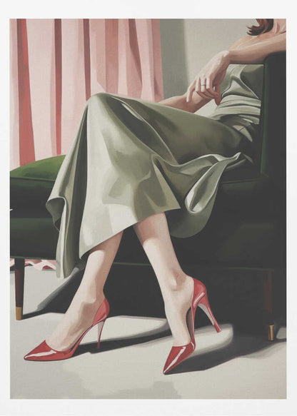 A painting of a woman from the torso down, sitting elegantly in a dark green armchair. She wears a flowing sage green dress and vibrant, glossy red stiletto heels. Behind her, pink curtains add a soft backdrop to the scene. Decor