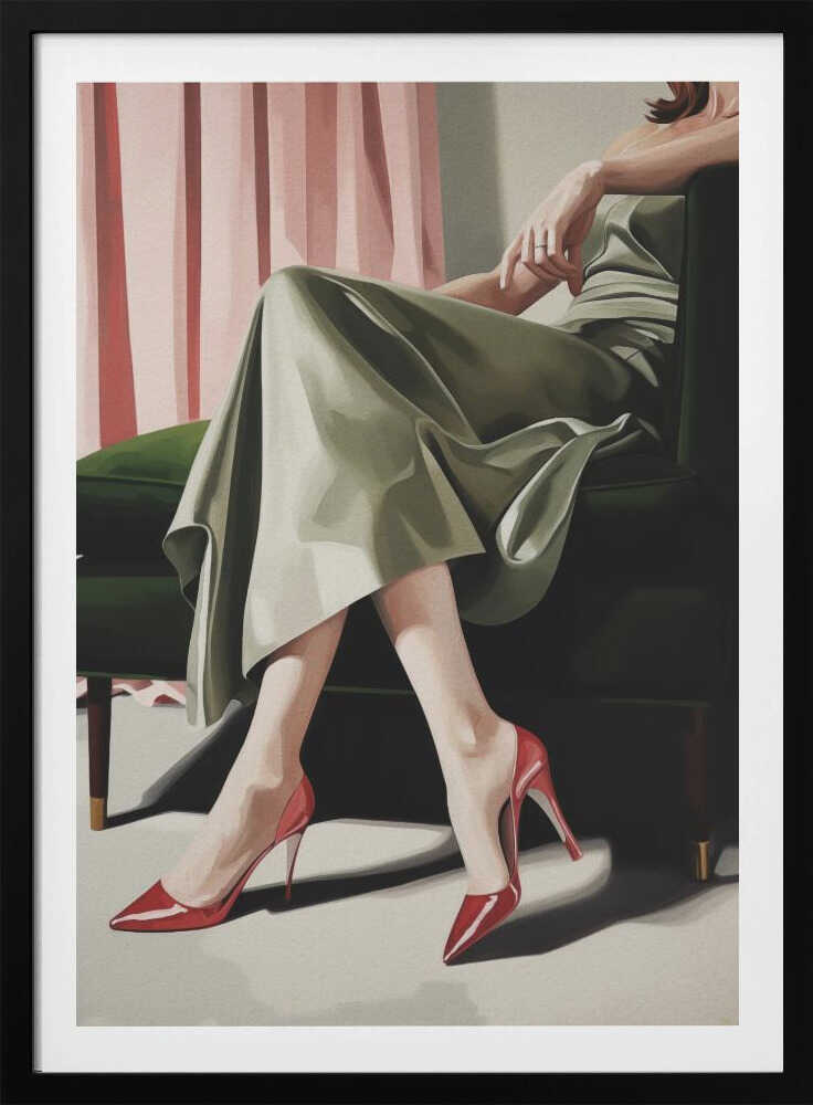 A painting of a woman from the torso down, sitting elegantly in a dark green armchair. She wears a flowing sage green dress and vibrant, glossy red stiletto heels. Behind her, pink curtains add a soft backdrop to the scene. Decor
