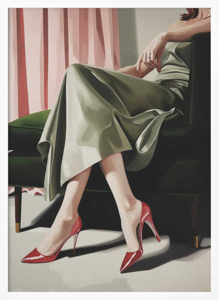 A painting of a woman from the torso down, sitting elegantly in a dark green armchair. She wears a flowing sage green dress and vibrant, glossy red stiletto heels. Behind her, pink curtains add a soft backdrop to the scene. Decor