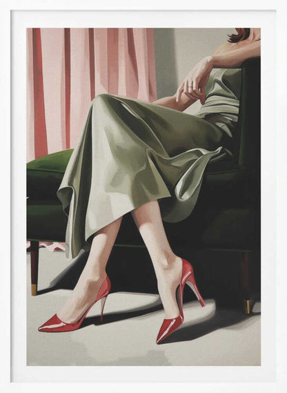 A painting of a woman from the torso down, sitting elegantly in a dark green armchair. She wears a flowing sage green dress and vibrant, glossy red stiletto heels. Behind her, pink curtains add a soft backdrop to the scene. Decor