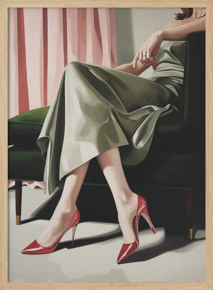 A painting of a woman from the torso down, sitting elegantly in a dark green armchair. She wears a flowing sage green dress and vibrant, glossy red stiletto heels. Behind her, pink curtains add a soft backdrop to the scene. Decor