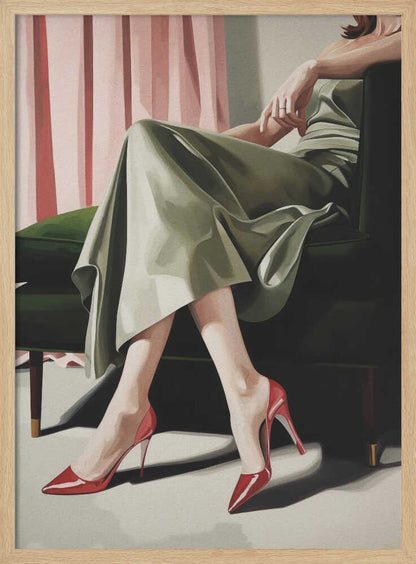A painting of a woman from the torso down, sitting elegantly in a dark green armchair. She wears a flowing sage green dress and vibrant, glossy red stiletto heels. Behind her, pink curtains add a soft backdrop to the scene. Decor