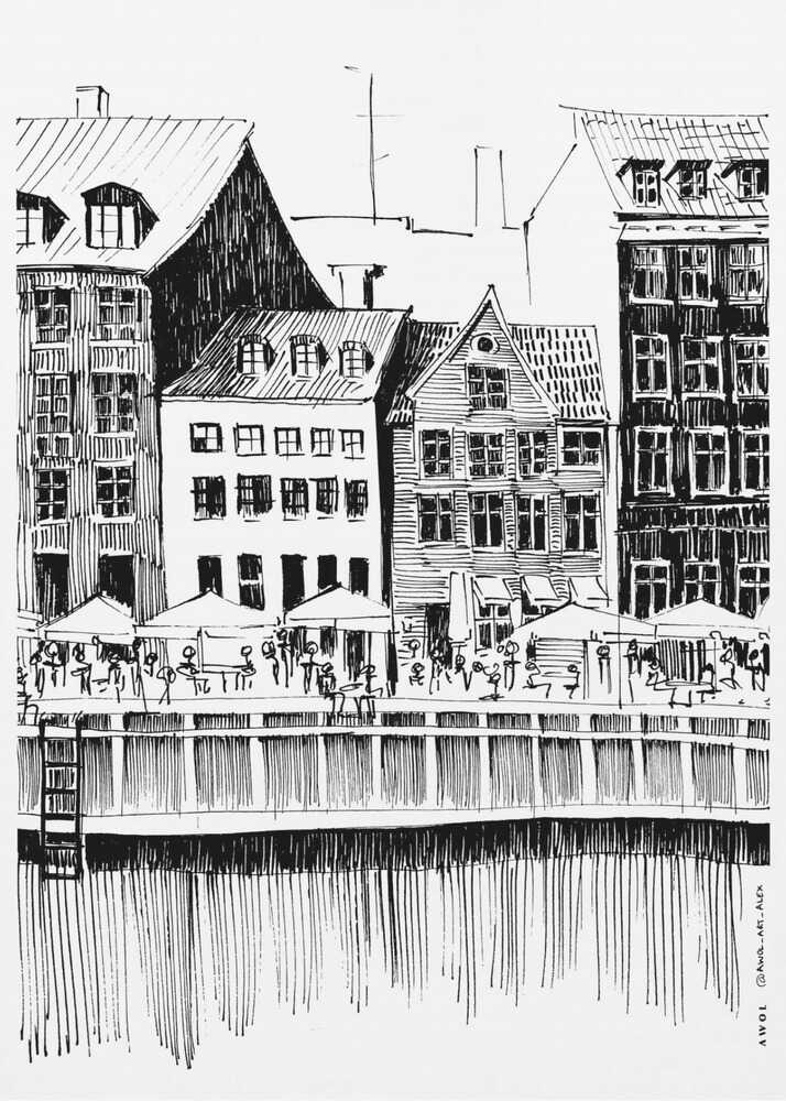 A black and white ink line drawing of a charming European city scene along a canal. Tall, narrow buildings with gabled roofs line the waterfront, in front of which is a bustling pier with outdoor cafes filled with people under umbrellas. The water's reflection is illustrated with simple vertical lines. The artwork is framed in black. Wall Art