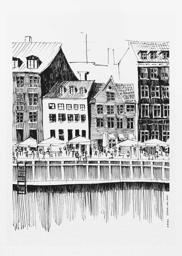 A black and white ink line drawing of a charming European city scene along a canal. Tall, narrow buildings with gabled roofs line the waterfront, in front of which is a bustling pier with outdoor cafes filled with people under umbrellas. The water's reflection is illustrated with simple vertical lines. The artwork is framed in black. Wall Art