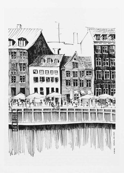 A black and white ink line drawing of a charming European city scene along a canal. Tall, narrow buildings with gabled roofs line the waterfront, in front of which is a bustling pier with outdoor cafes filled with people under umbrellas. The water's reflection is illustrated with simple vertical lines. The artwork is framed in black. Wall Art