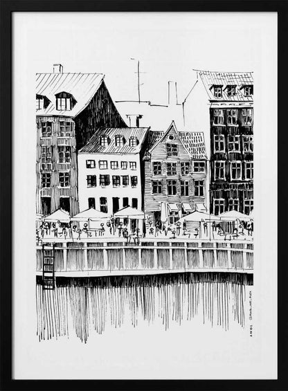 A black and white ink line drawing of a charming European city scene along a canal. Tall, narrow buildings with gabled roofs line the waterfront, in front of which is a bustling pier with outdoor cafes filled with people under umbrellas. The water's reflection is illustrated with simple vertical lines. The artwork is framed in black. Wall Art