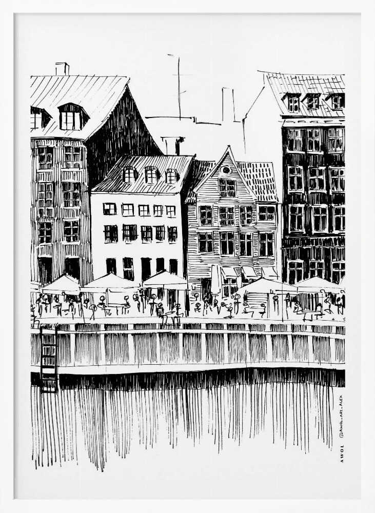 A black and white ink line drawing of a charming European city scene along a canal. Tall, narrow buildings with gabled roofs line the waterfront, in front of which is a bustling pier with outdoor cafes filled with people under umbrellas. The water's reflection is illustrated with simple vertical lines. The artwork is framed in black. Wall Art