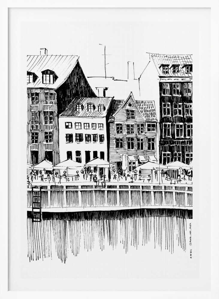 A black and white ink line drawing of a charming European city scene along a canal. Tall, narrow buildings with gabled roofs line the waterfront, in front of which is a bustling pier with outdoor cafes filled with people under umbrellas. The water's reflection is illustrated with simple vertical lines. The artwork is framed in black. Wall Art