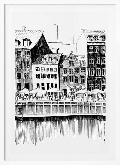 A black and white ink line drawing of a charming European city scene along a canal. Tall, narrow buildings with gabled roofs line the waterfront, in front of which is a bustling pier with outdoor cafes filled with people under umbrellas. The water's reflection is illustrated with simple vertical lines. The artwork is framed in black. Wall Art