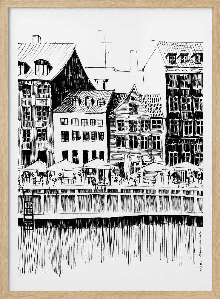 A black and white ink line drawing of a charming European city scene along a canal. Tall, narrow buildings with gabled roofs line the waterfront, in front of which is a bustling pier with outdoor cafes filled with people under umbrellas. The water's reflection is illustrated with simple vertical lines. The artwork is framed in black. Wall Art