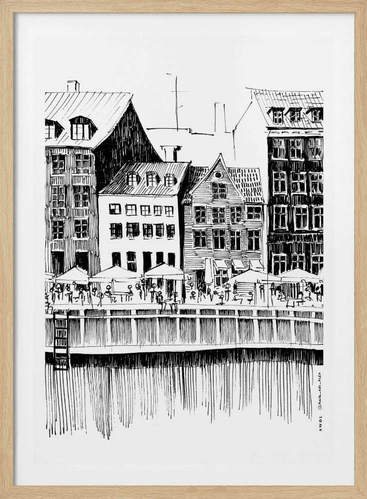 A black and white ink line drawing of a charming European city scene along a canal. Tall, narrow buildings with gabled roofs line the waterfront, in front of which is a bustling pier with outdoor cafes filled with people under umbrellas. The water's reflection is illustrated with simple vertical lines. The artwork is framed in black. Wall Art