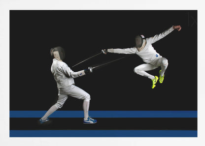 A dynamic action shot of two fencers in full white gear and masks dueling with foils against a stark black background. The fencer on the right is captured mid-air in a dramatic leap, while the fencer on the left lunges forward on a surface marked with blue lines. The image is enclosed in a silver frame. Artwork