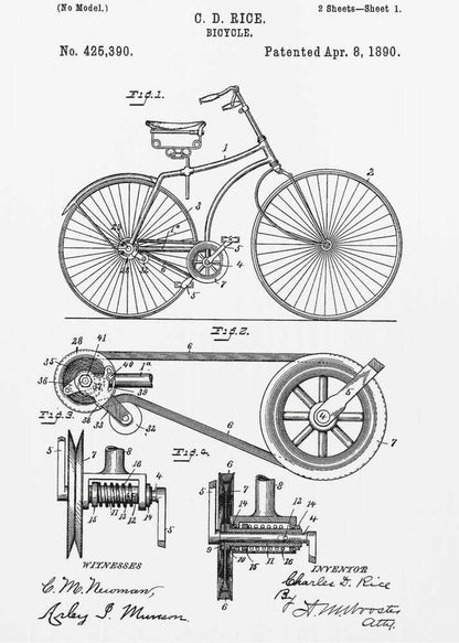 A framed black and white patent illustration for a bicycle invented by C. D. Rice, patented April 8, 1890. The technical drawing shows a side view of the bicycle and detailed diagrams of its mechanical components. Print