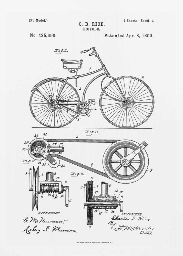A framed black and white patent illustration for a bicycle invented by C. D. Rice, patented April 8, 1890. The technical drawing shows a side view of the bicycle and detailed diagrams of its mechanical components. Print